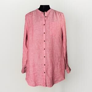 Lands’ End 100% Linen MED 8-10 Long Sleeve Shirt Mini Dress Pink Button Pockets